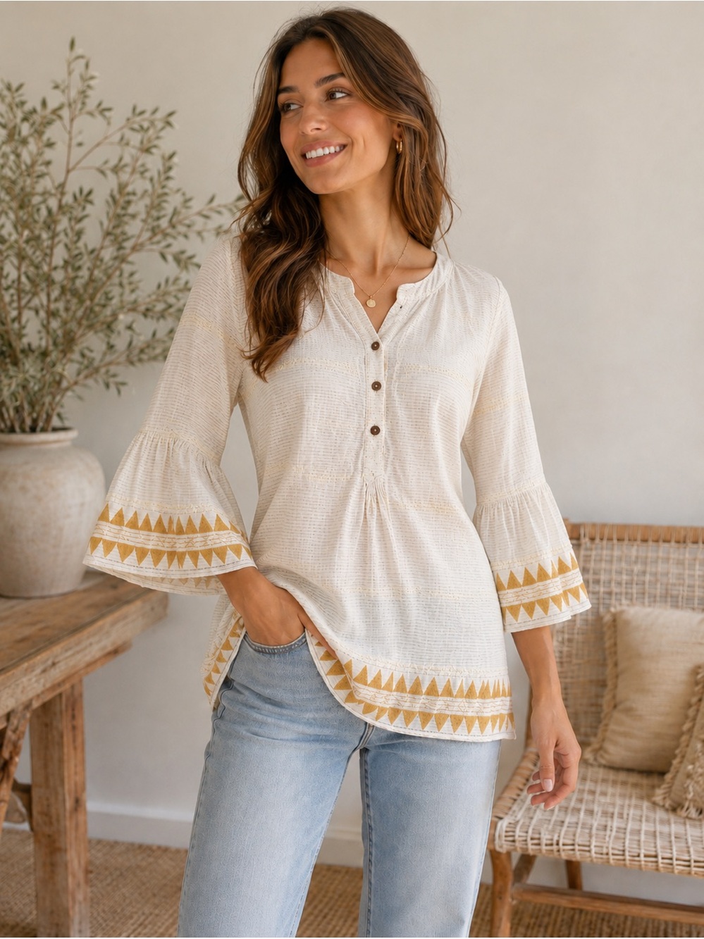 J Jill Cream Boho Bell Sleeve Striped Tunic Yellow Trim Medium Organic Cotton